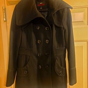 Wool pea coat leather detailing